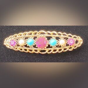Pearl filigree Gold tone‎ Pink amethyst Turquoise  Brooch aw9